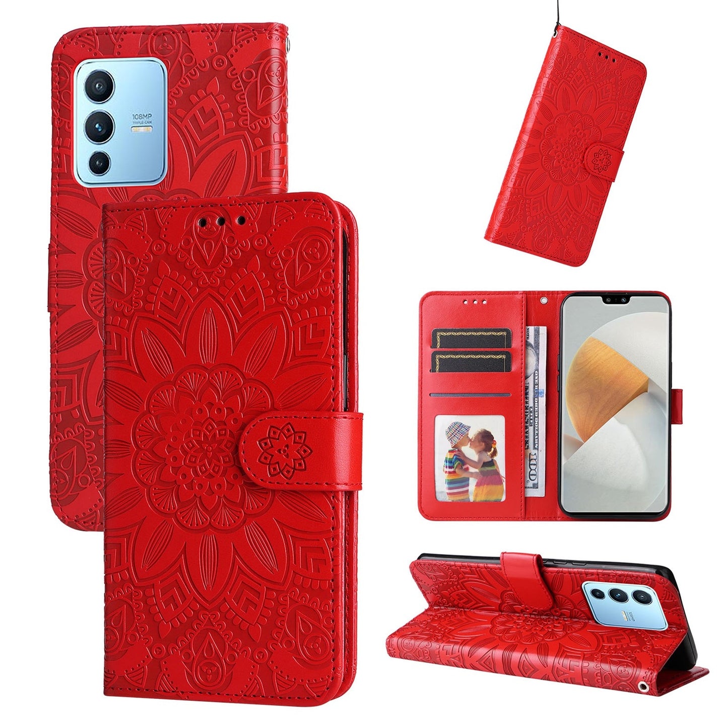 vivo S12 Pro Sunflower Embossed Leather Wallet Phone Case with Kickstand and Card Holder