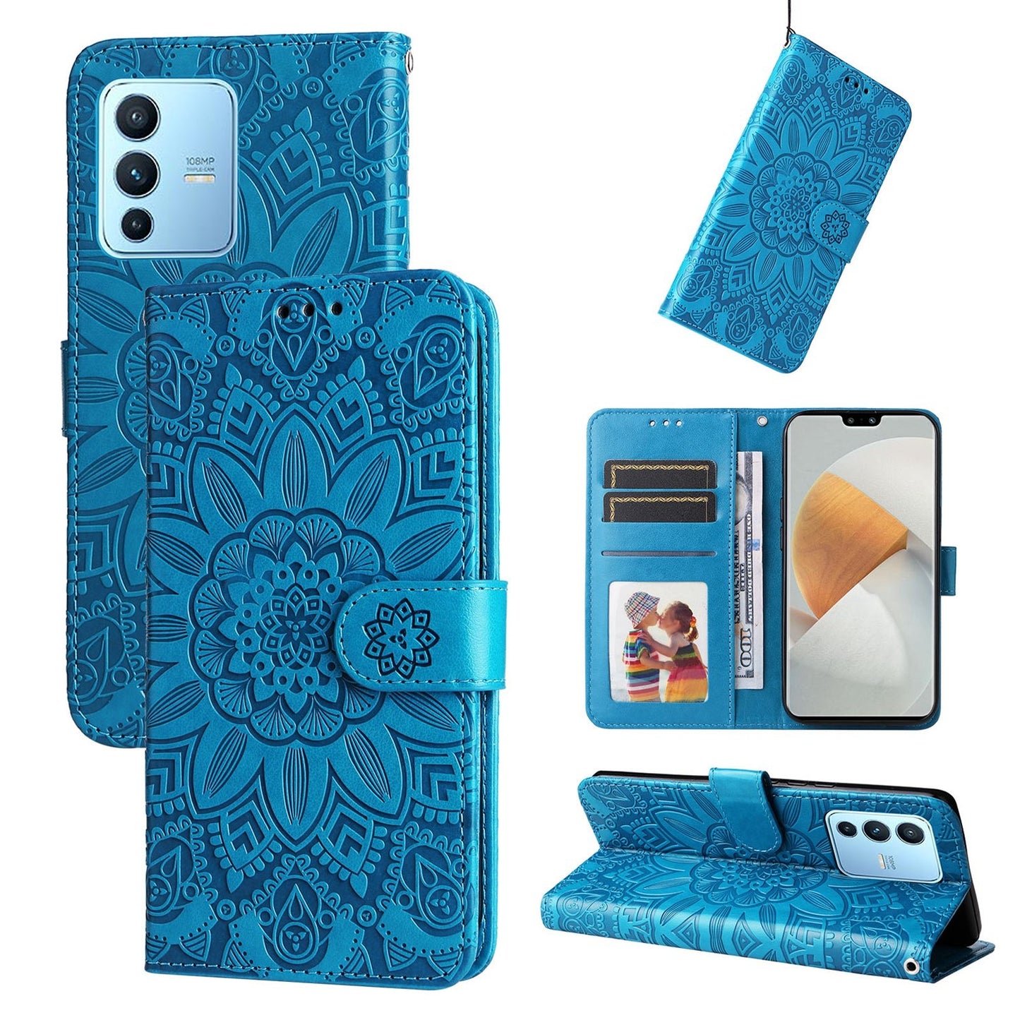 vivo S12 Pro Sunflower Embossed Leather Wallet Phone Case with Kickstand and Card Holder