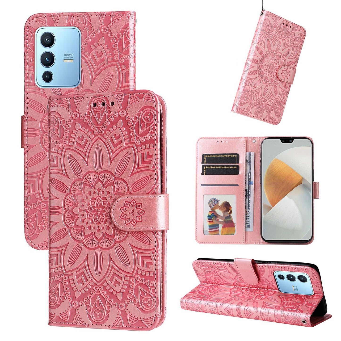 vivo S12 Pro Sunflower Embossed Leather Wallet Phone Case with Kickstand and Card Holder