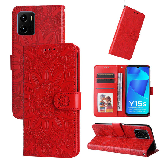 vivo Y15s 2021 Sunflower Embossed Leather Wallet Phone Case with Kickstand and Card Holder