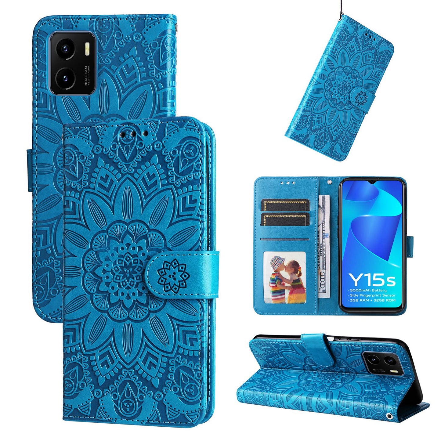 vivo Y15s 2021 Sunflower Embossed Leather Wallet Phone Case with Kickstand and Card Holder