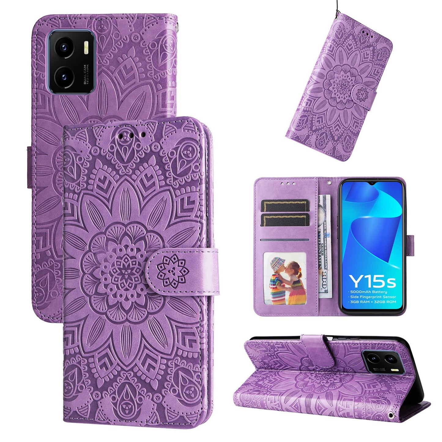 vivo Y15s 2021 Sunflower Embossed Leather Wallet Phone Case with Kickstand and Card Holder