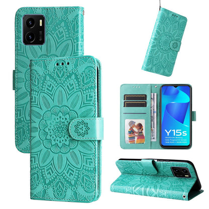 vivo Y15a Sunflower Embossed Leather Wallet Phone Case with Kickstand and Card Holder