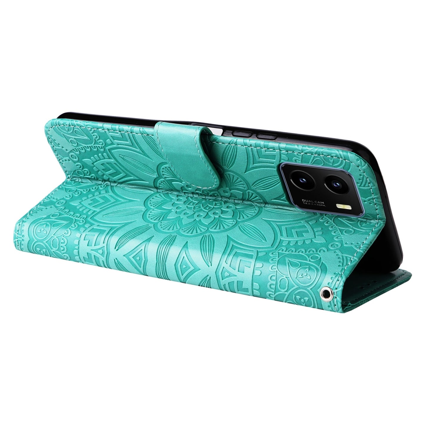 vivo Y15s 2021 Sunflower Embossed Leather Wallet Phone Case with Kickstand and Card Holder