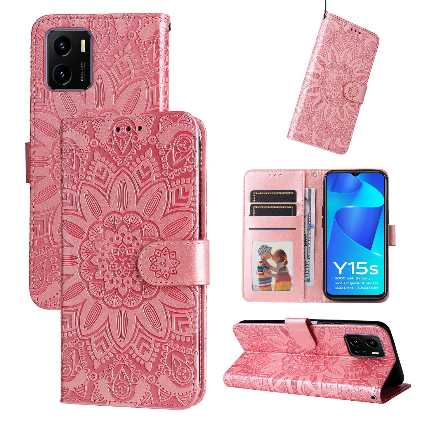 vivo Y15s 2021 Sunflower Embossed Leather Wallet Phone Case with Kickstand and Card Holder