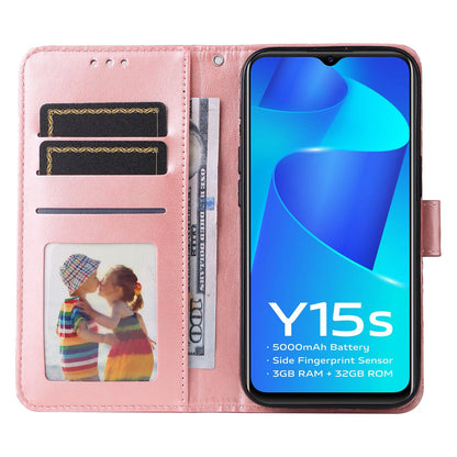 vivo Y15s 2021 Sunflower Embossed Leather Wallet Phone Case with Kickstand and Card Holder