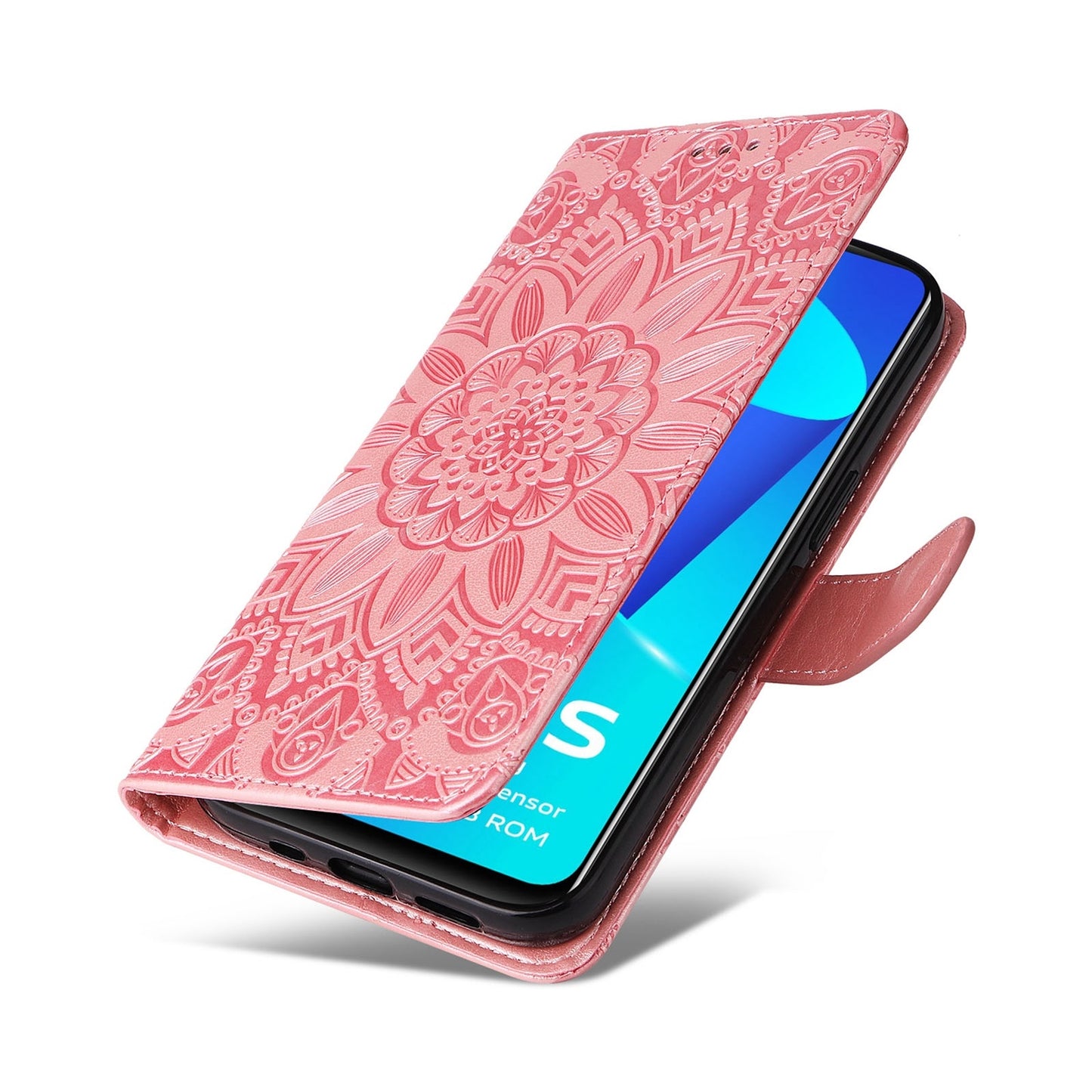 vivo Y15s 2021 Sunflower Embossed Leather Wallet Phone Case with Kickstand and Card Holder