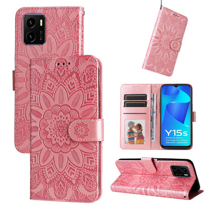 vivo Y10 4G Sunflower Embossed Leather Wallet Phone Case with Kickstand and Card Holder