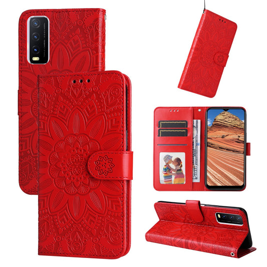 For vivo Y20 Sunflower Embossed Leather Wallet Phone Case with Kickstand and Card Holder