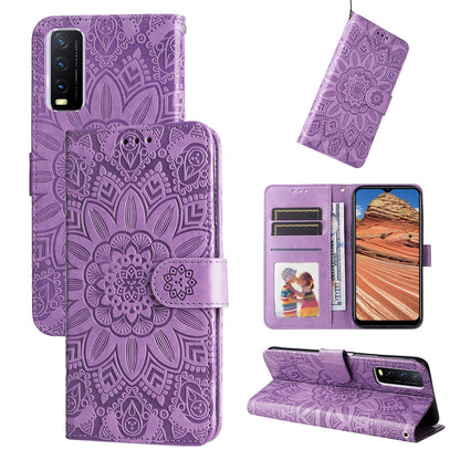 For vivo Y20 Sunflower Embossed Leather Wallet Phone Case with Kickstand and Card Holder