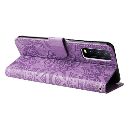 For vivo Y20 Sunflower Embossed Leather Wallet Phone Case with Kickstand and Card Holder