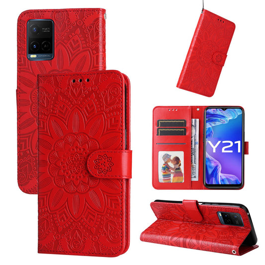 vivo Y21 2021 Sunflower Embossed Leather Wallet Phone Case with Kickstand and Card Holder