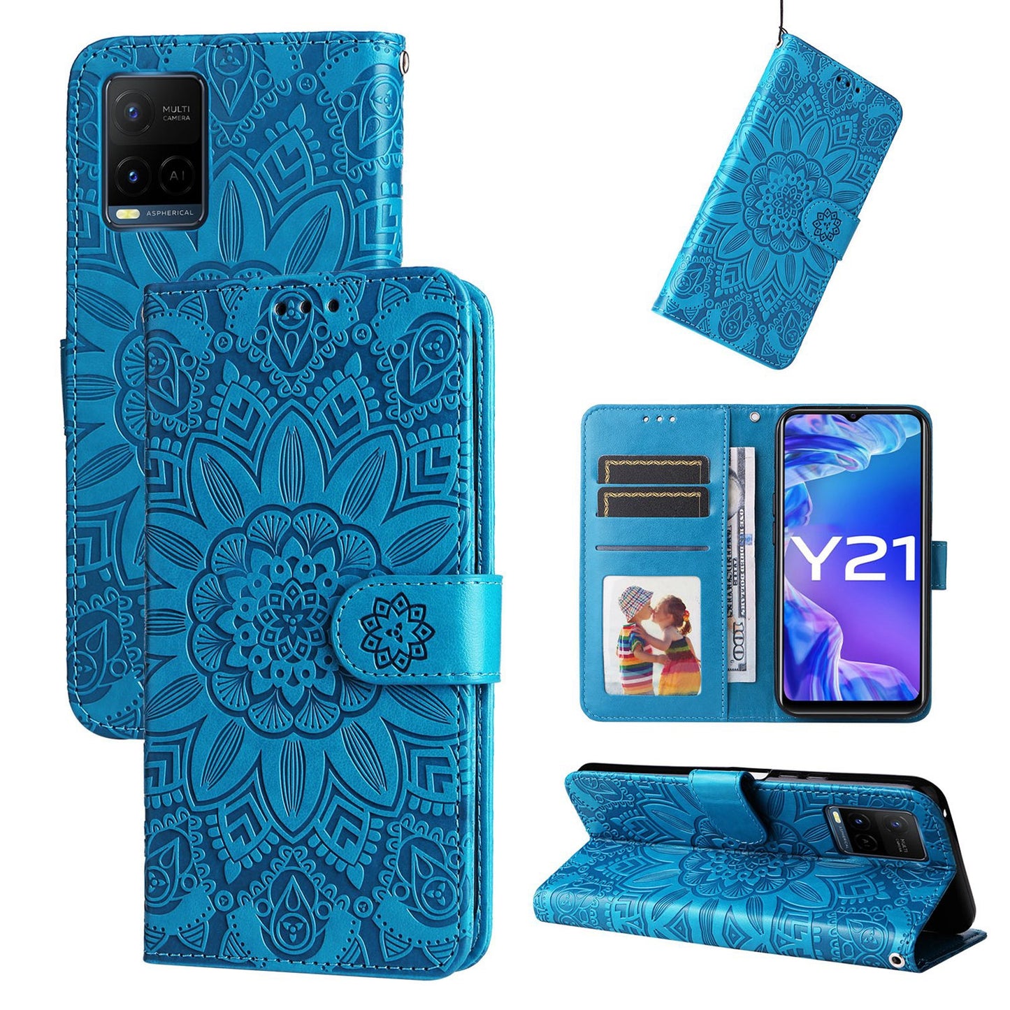 vivo Y21 2021 Sunflower Embossed Leather Wallet Phone Case with Kickstand and Card Holder