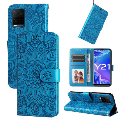 vivo Y21s Sunflower Embossed Leather Wallet Phone Case with Kickstand and Card Holder