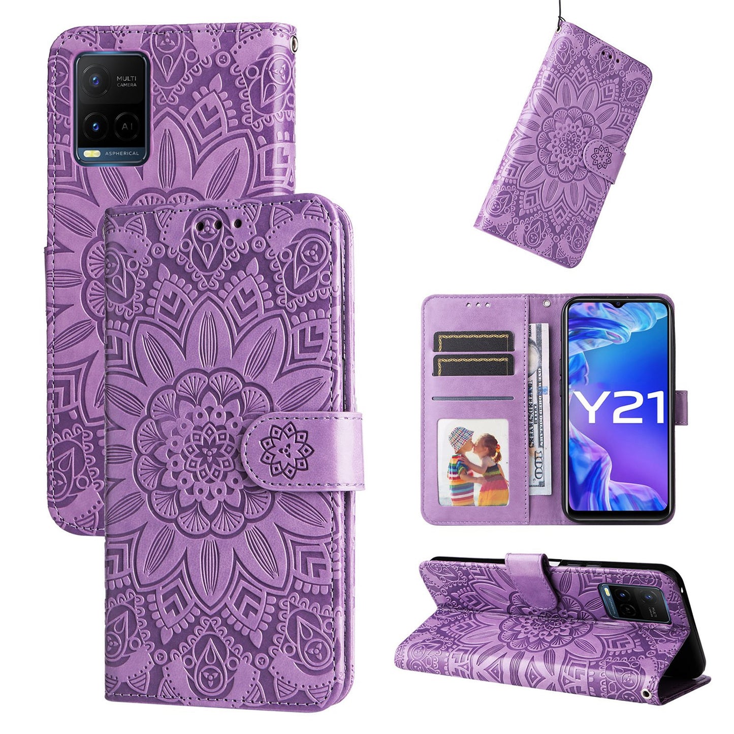 vivo Y33s Sunflower Embossed Leather Wallet Phone Case with Kickstand and Card Holder