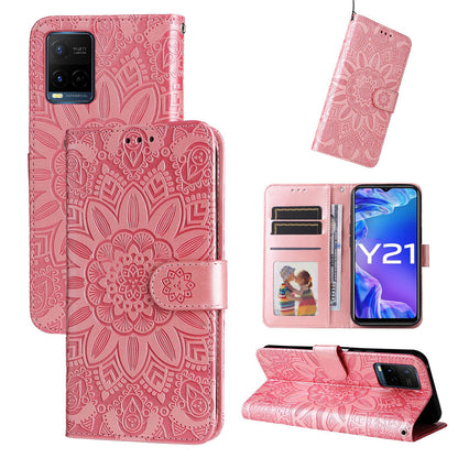 vivo Y21 2021 Sunflower Embossed Leather Wallet Phone Case with Kickstand and Card Holder