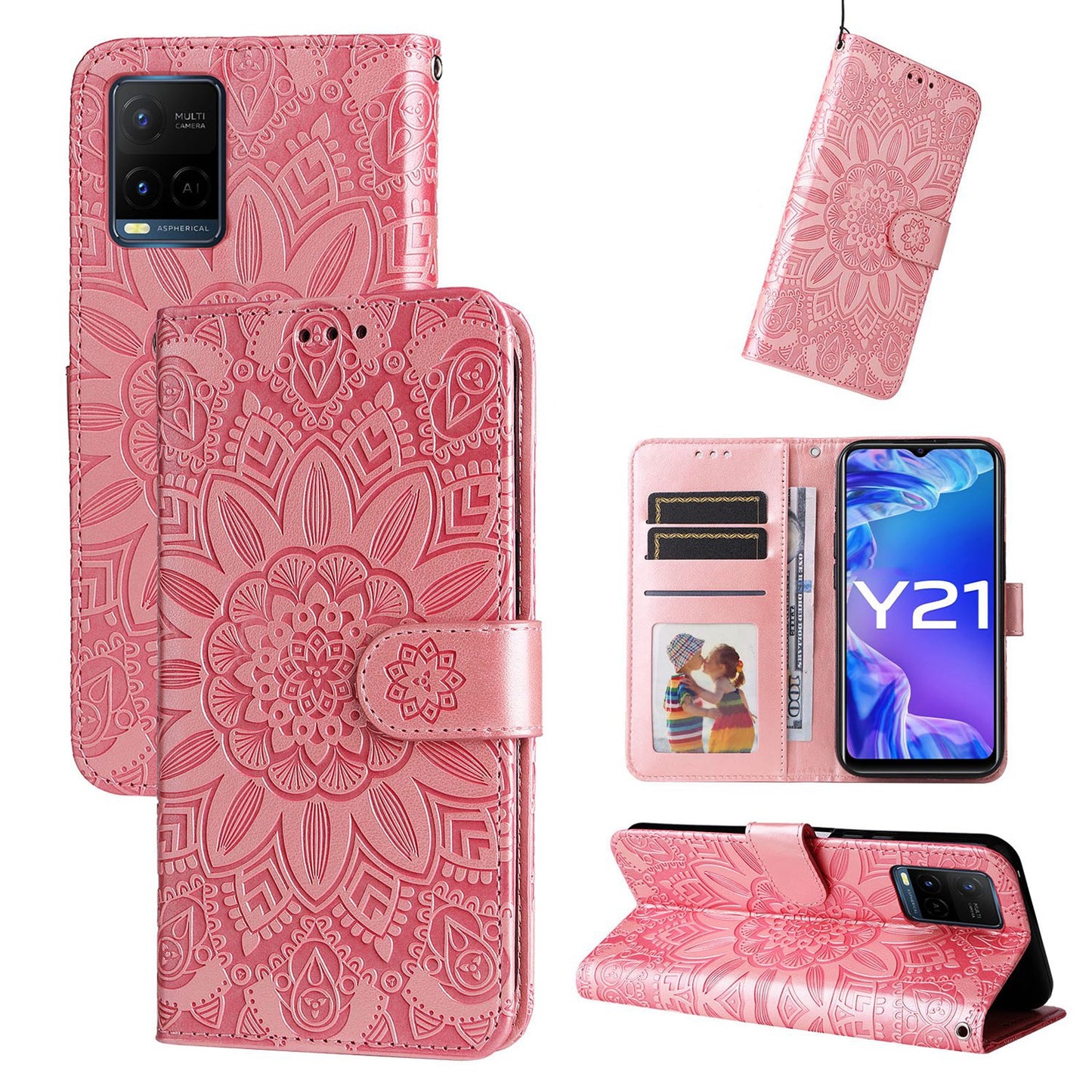 vivo Y21s Sunflower Embossed Leather Wallet Phone Case with Kickstand and Card Holder