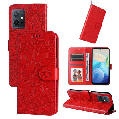 vivo Y55 5G Sunflower Embossed Leather Wallet Phone Case with Kickstand and Card Holder