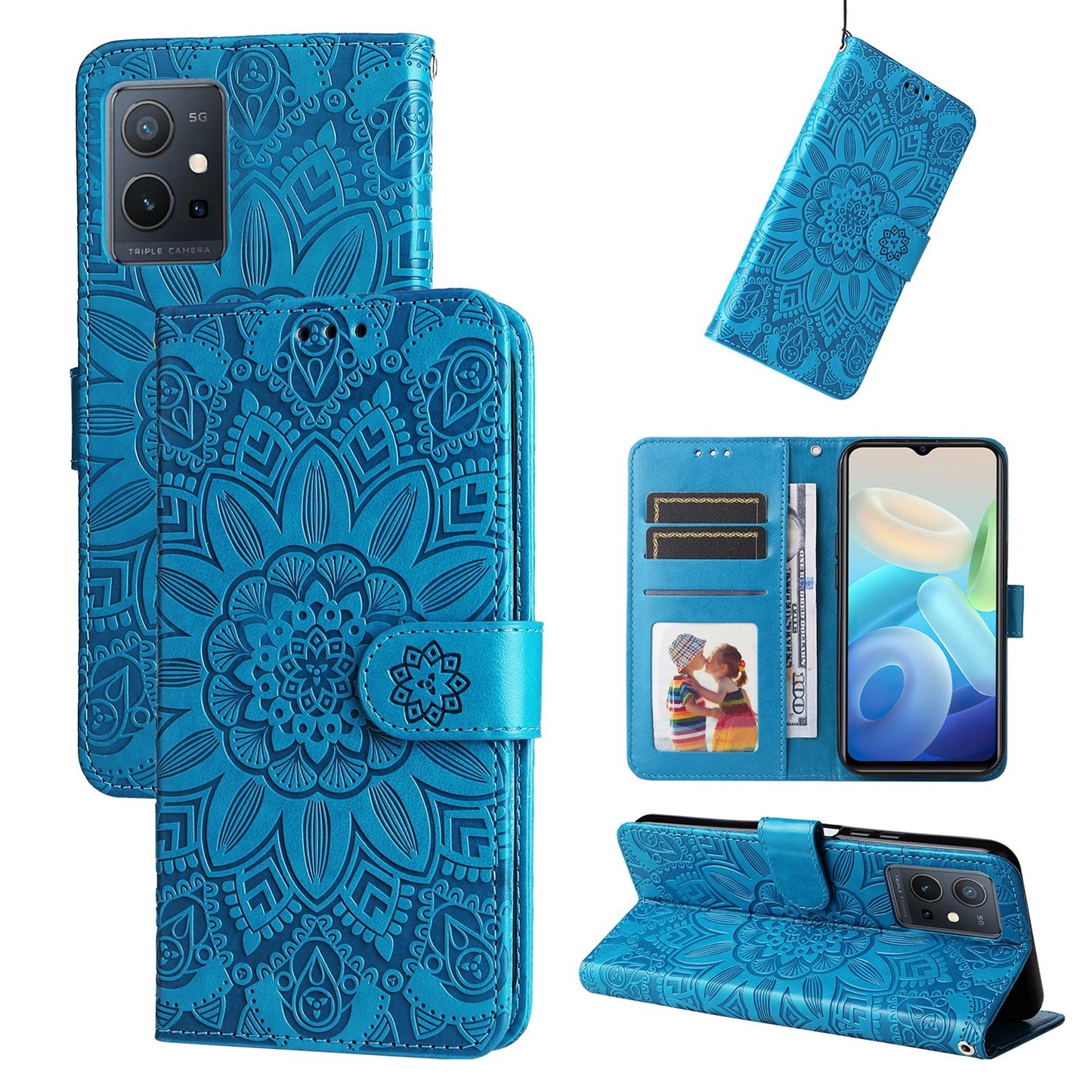 vivo Y55 5G Sunflower Embossed Leather Wallet Phone Case with Kickstand and Card Holder