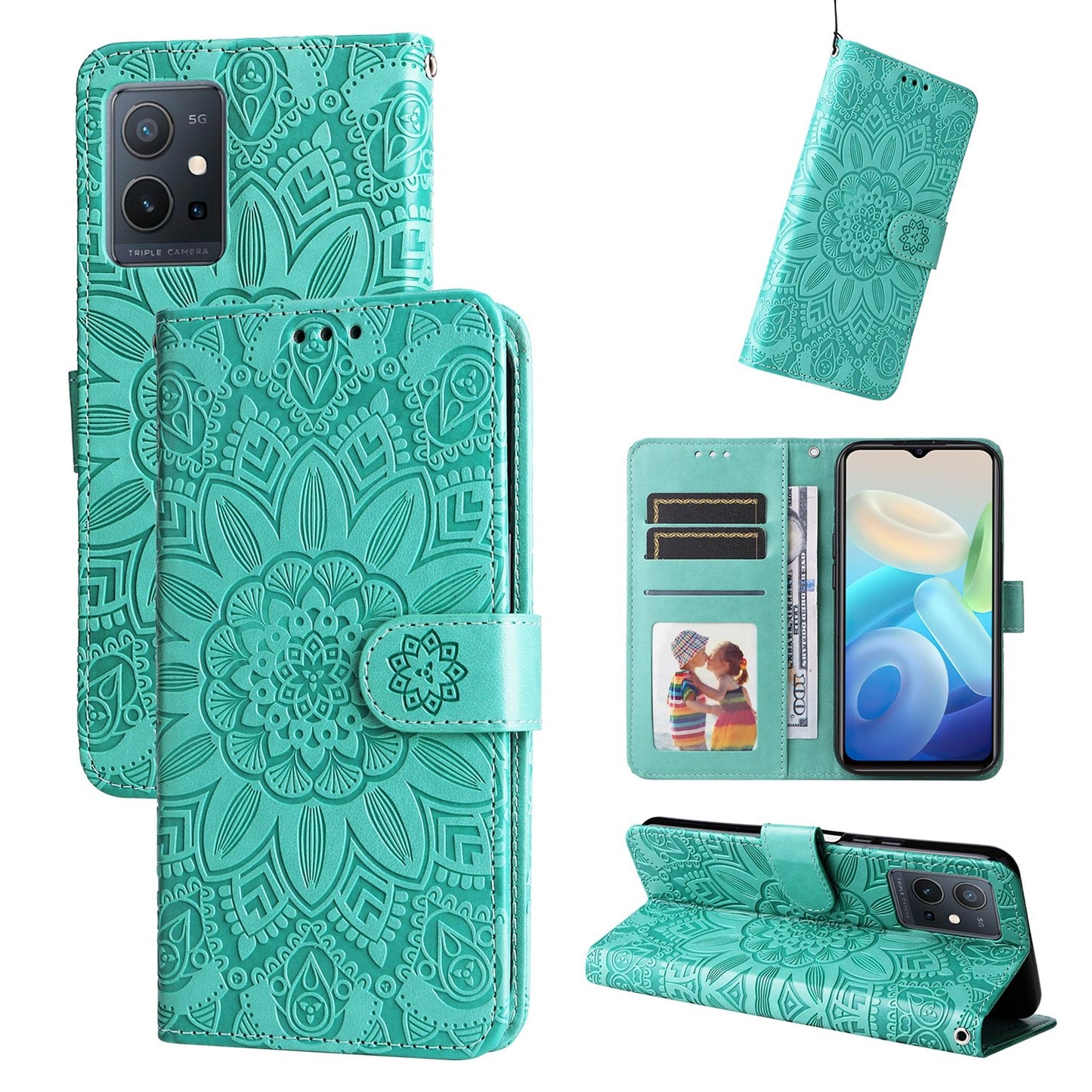 vivo Y55 5G Sunflower Embossed Leather Wallet Phone Case with Kickstand and Card Holder