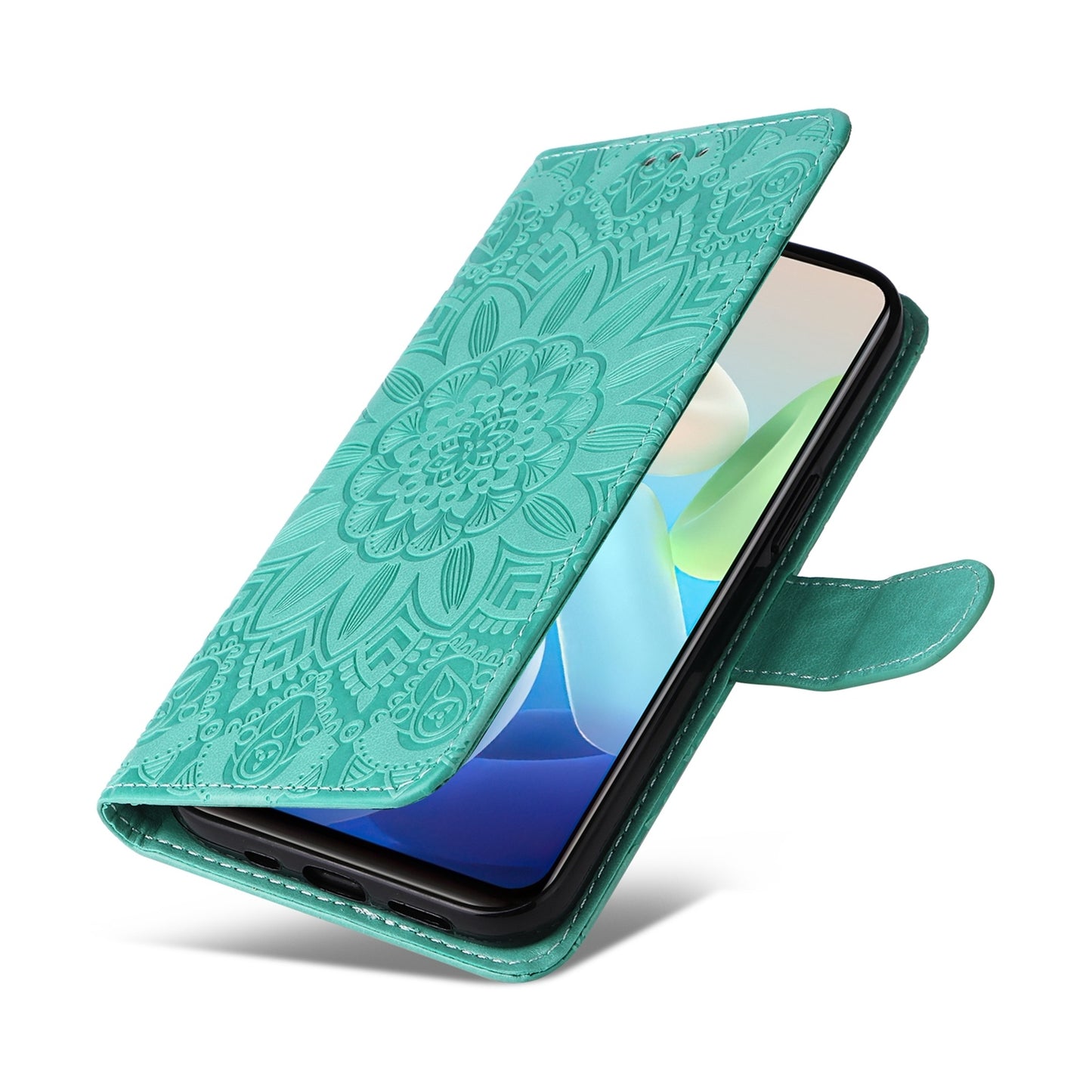 vivo Y55 5G Sunflower Embossed Leather Wallet Phone Case with Kickstand and Card Holder