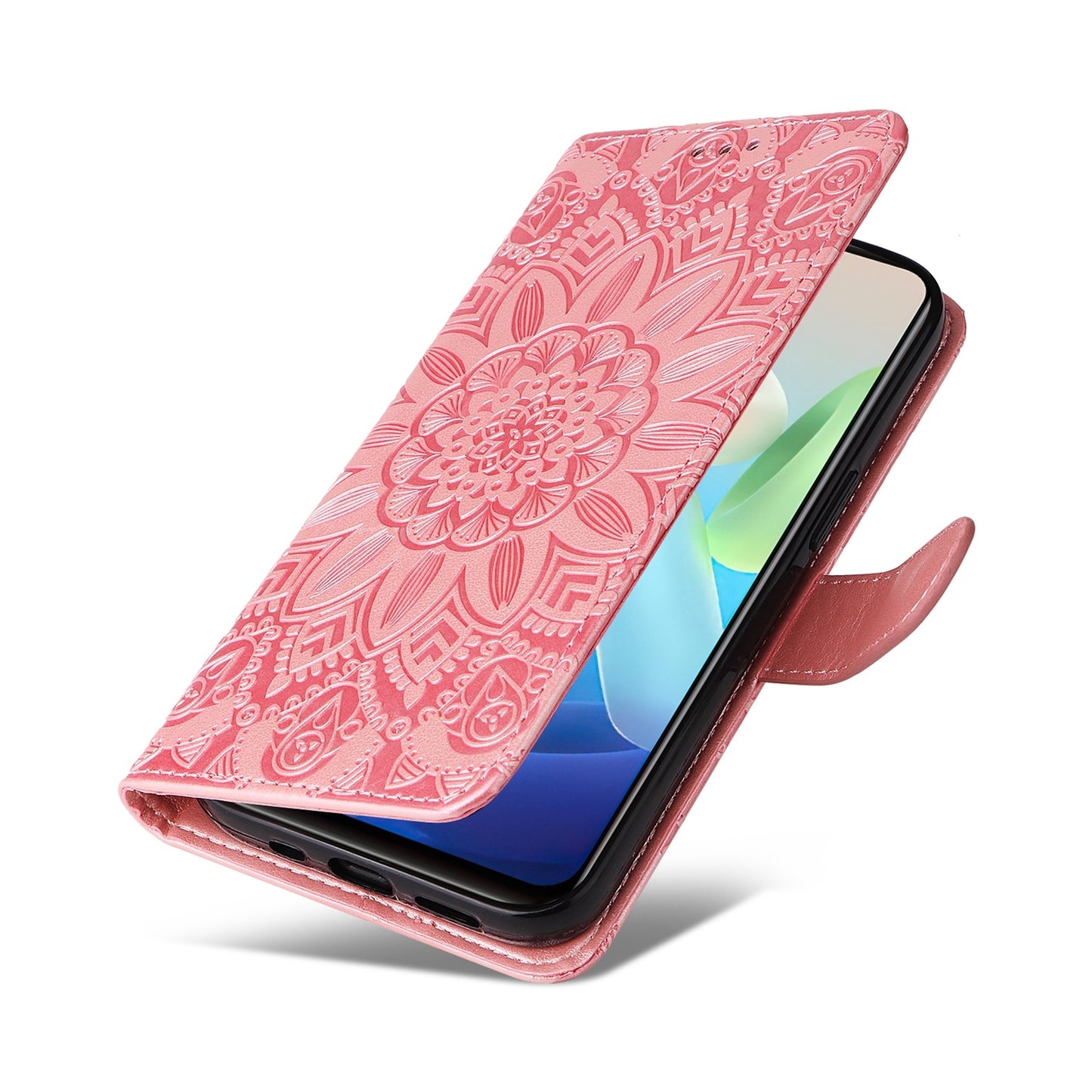 vivo Y55 5G Sunflower Embossed Leather Wallet Phone Case with Kickstand and Card Holder