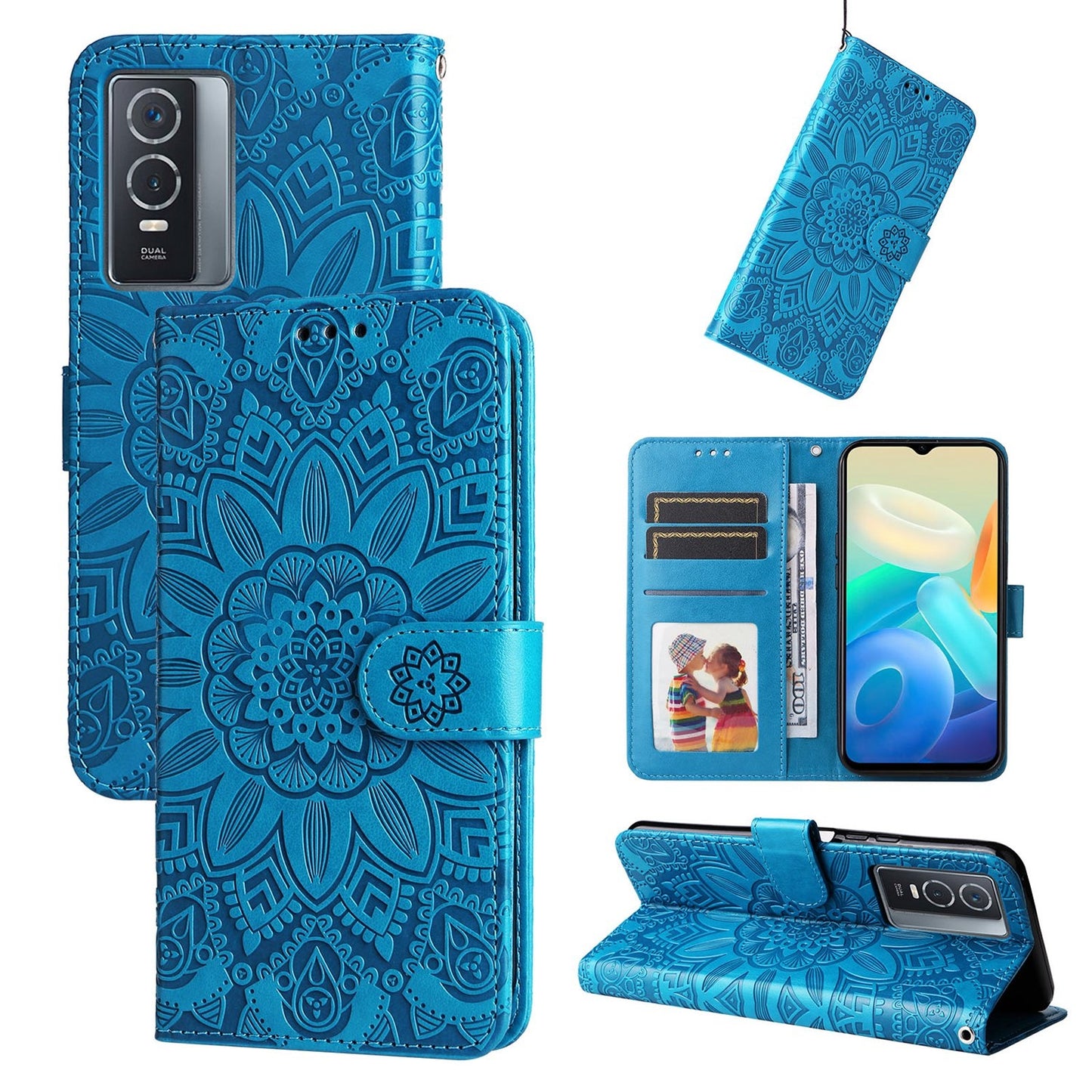 vivo Y76s Sunflower Embossed Leather Wallet Phone Case with Kickstand and Card Holder