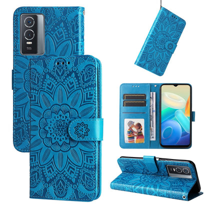 vivo Y76 5G Sunflower Embossed Leather Wallet Phone Case with Kickstand and Card Holder