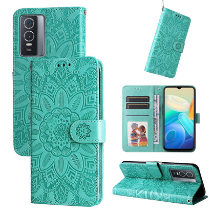 vivo Y76s Sunflower Embossed Leather Wallet Phone Case with Kickstand and Card Holder