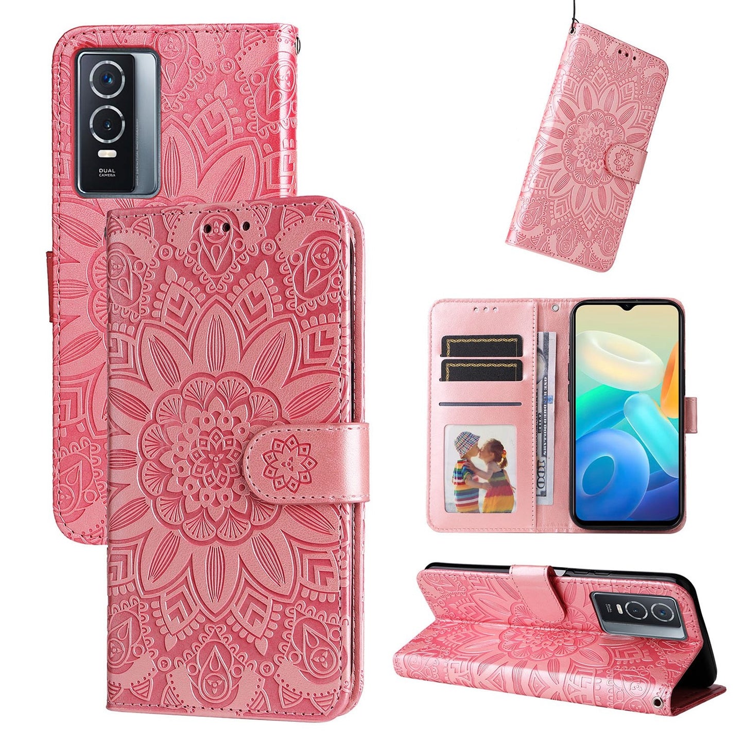 vivo Y76s Sunflower Embossed Leather Wallet Phone Case with Kickstand and Card Holder