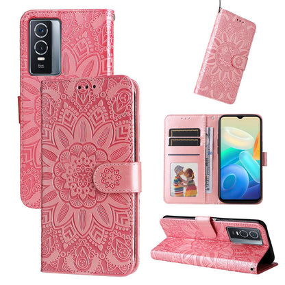 vivo Y76 5G Sunflower Embossed Leather Wallet Phone Case with Kickstand and Card Holder