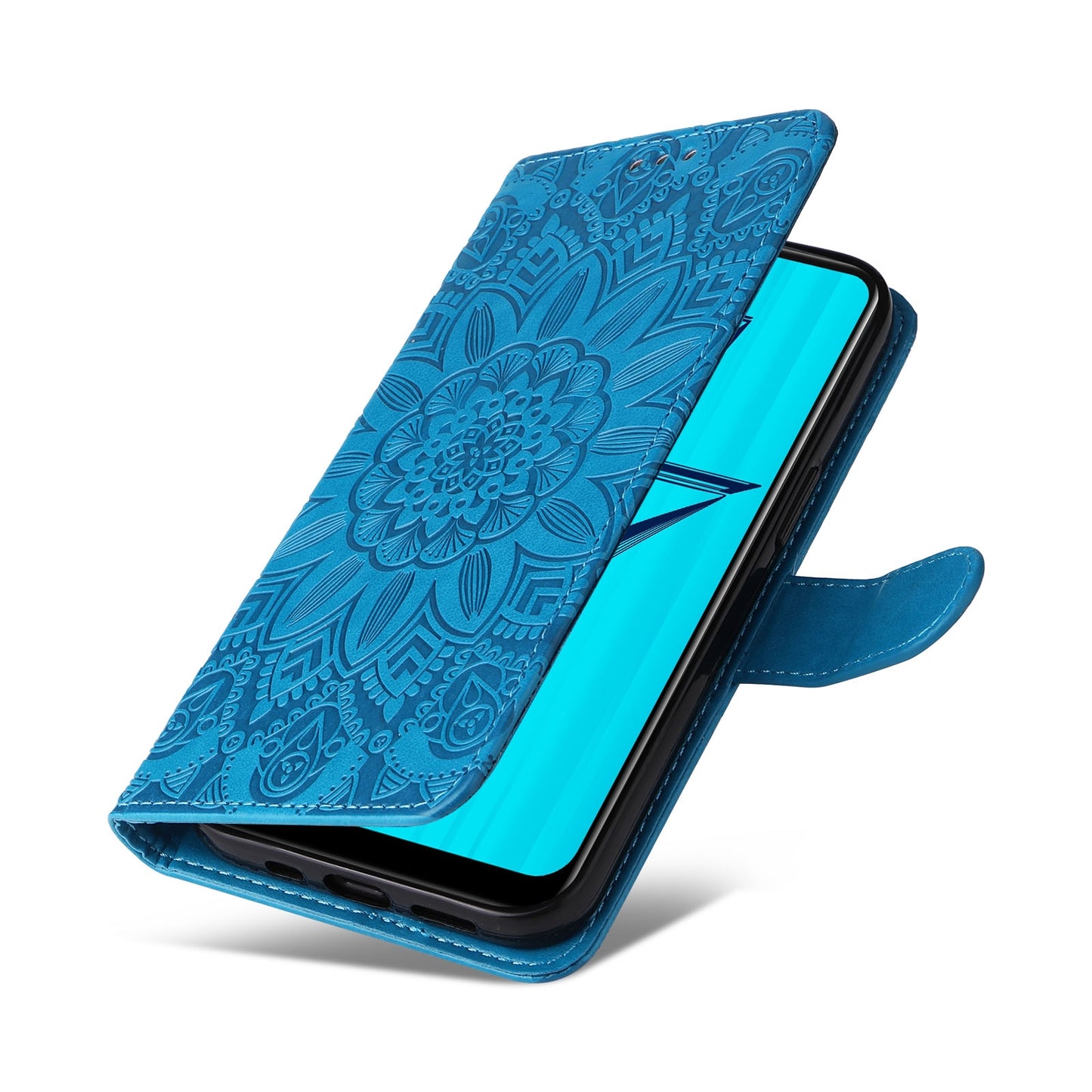 OPPO A5s Sunflower Embossed Leather Wallet Phone Case with Kickstand and Card Holder