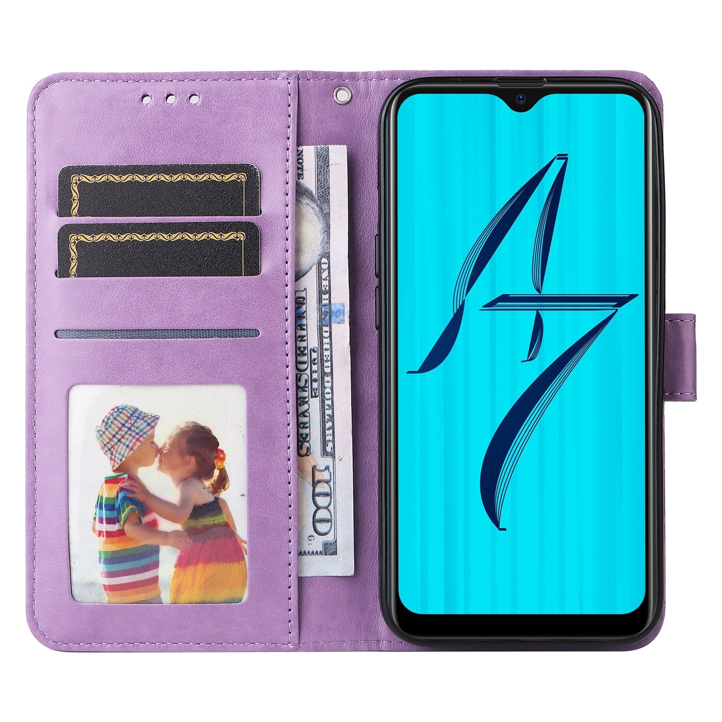 OPPO A7 Sunflower Embossed Leather Wallet Phone Case with Kickstand and Card Holder