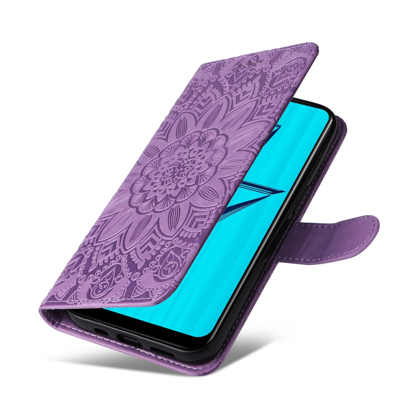 OPPO A5s Sunflower Embossed Leather Wallet Phone Case with Kickstand and Card Holder