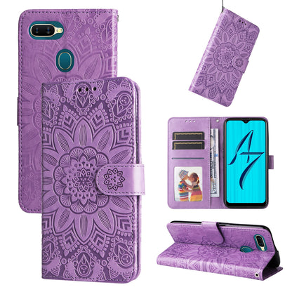 OPPO A7 Sunflower Embossed Leather Wallet Phone Case with Kickstand and Card Holder