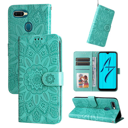 OPPO A7 Sunflower Embossed Leather Wallet Phone Case with Kickstand and Card Holder