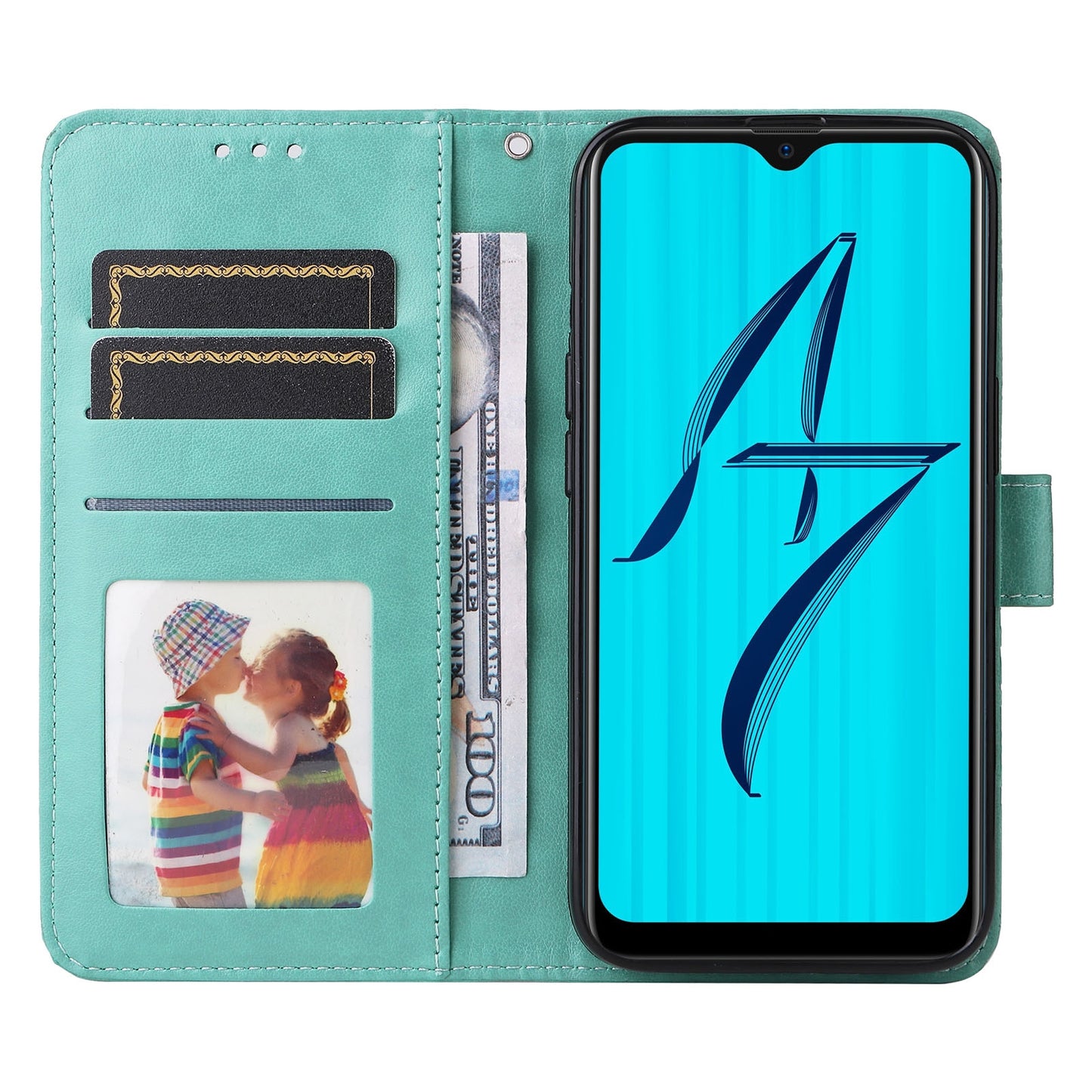 OPPO A7 Sunflower Embossed Leather Wallet Phone Case with Kickstand and Card Holder