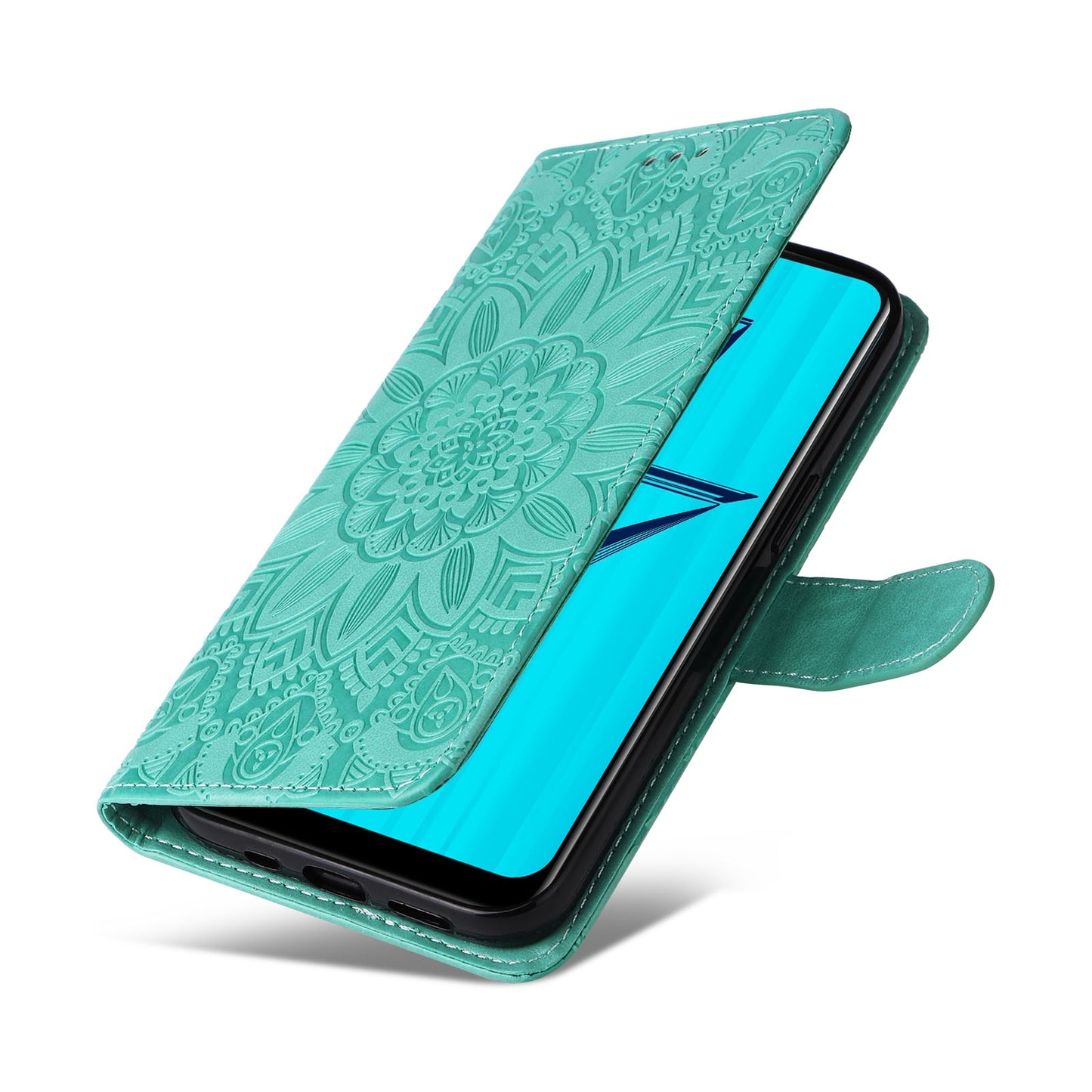 OPPO A7 Sunflower Embossed Leather Wallet Phone Case with Kickstand and Card Holder