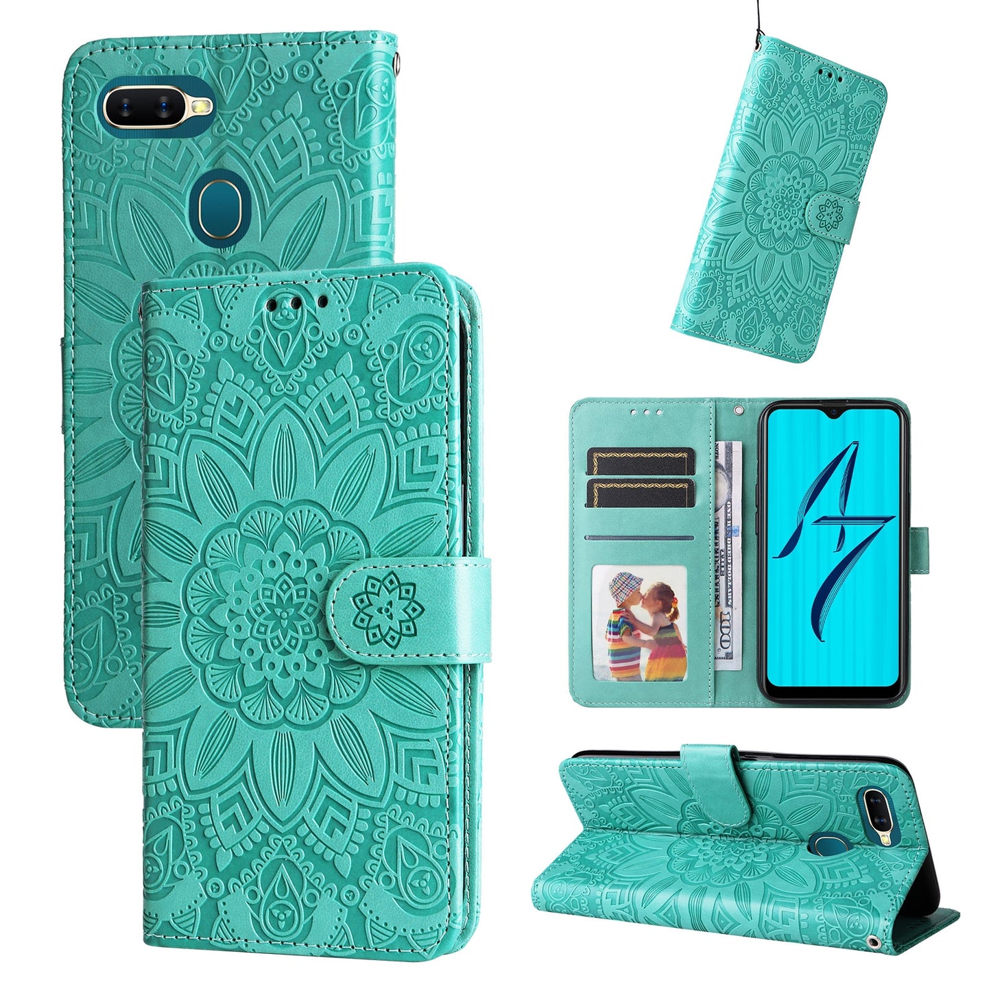 OPPO A5s Sunflower Embossed Leather Wallet Phone Case with Kickstand and Card Holder