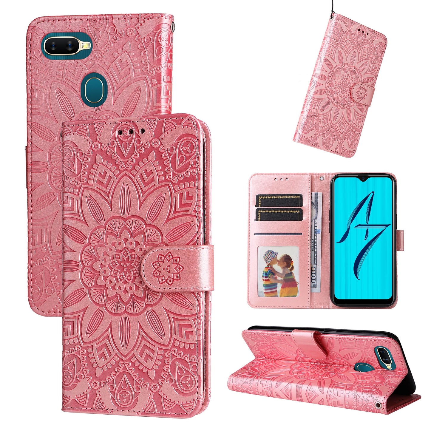 OPPO A7 Sunflower Embossed Leather Wallet Phone Case with Kickstand and Card Holder