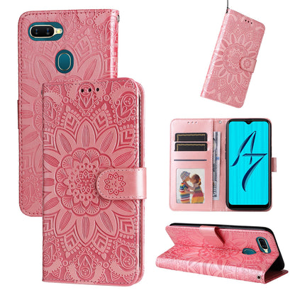 OPPO A7 Sunflower Embossed Leather Wallet Phone Case with Kickstand and Card Holder