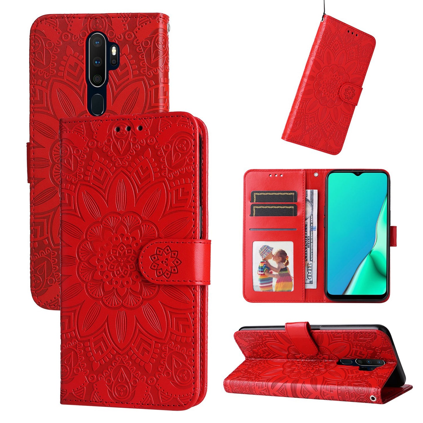 OPPO A5 2020 Sunflower Embossed Leather Wallet Phone Case with Kickstand and Card Holder