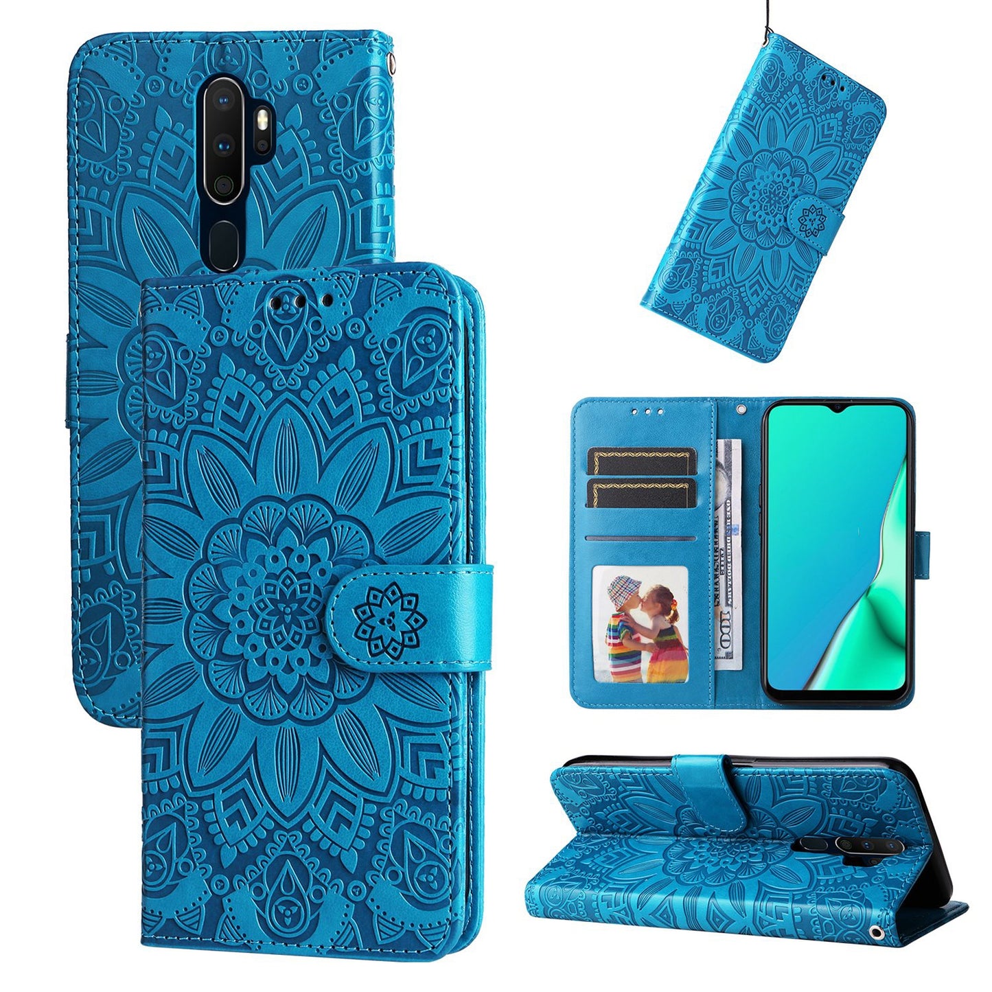 OPPO A9 Sunflower Embossed Leather Wallet Phone Case with Kickstand and Card Holder
