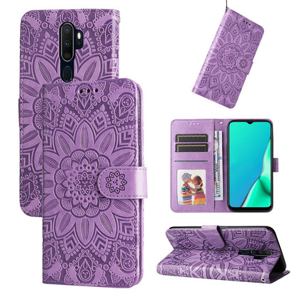 OPPO A9 Sunflower Embossed Leather Wallet Phone Case with Kickstand and Card Holder
