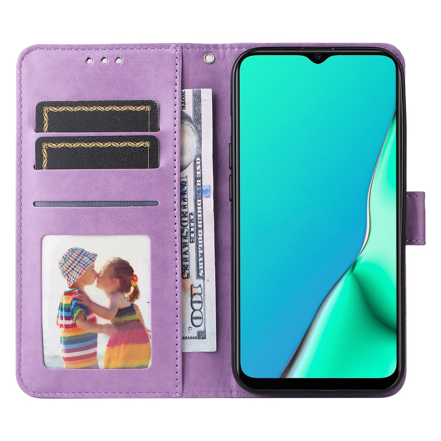 OPPO A9 Sunflower Embossed Leather Wallet Phone Case with Kickstand and Card Holder