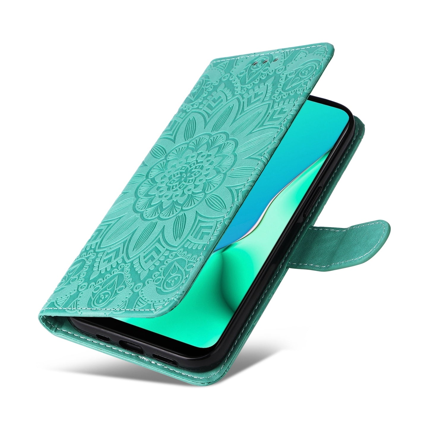 OPPO A9 Sunflower Embossed Leather Wallet Phone Case with Kickstand and Card Holder