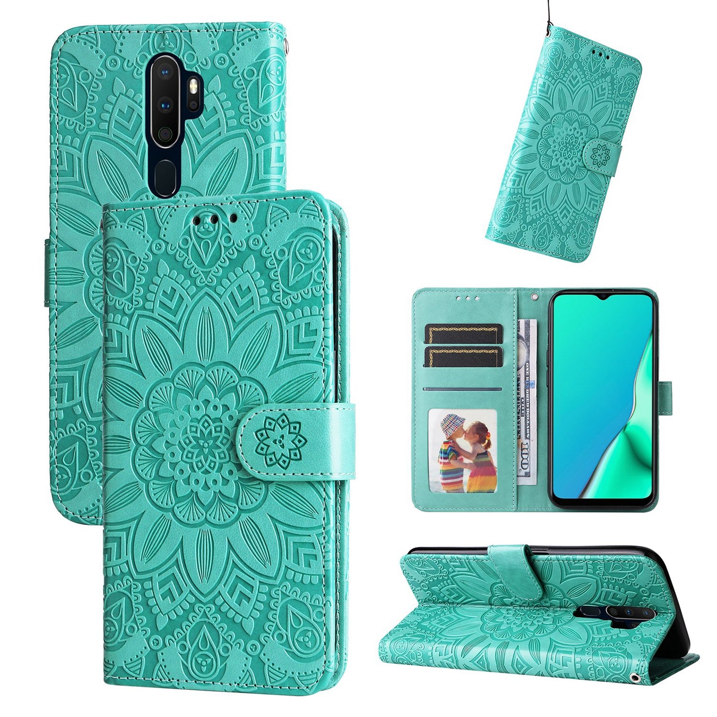 OPPO A5 2020 Sunflower Embossed Leather Wallet Phone Case with Kickstand and Card Holder
