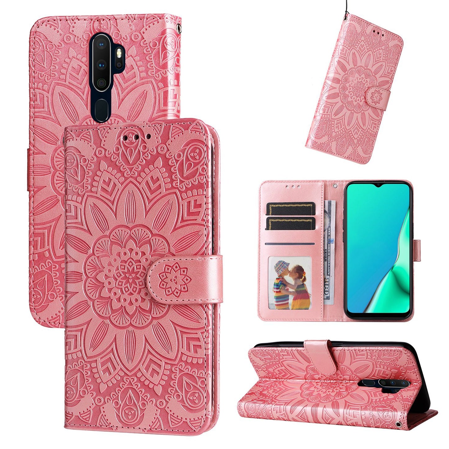 OPPO A9 Sunflower Embossed Leather Wallet Phone Case with Kickstand and Card Holder