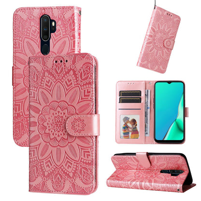 OPPO A9 Sunflower Embossed Leather Wallet Phone Case with Kickstand and Card Holder