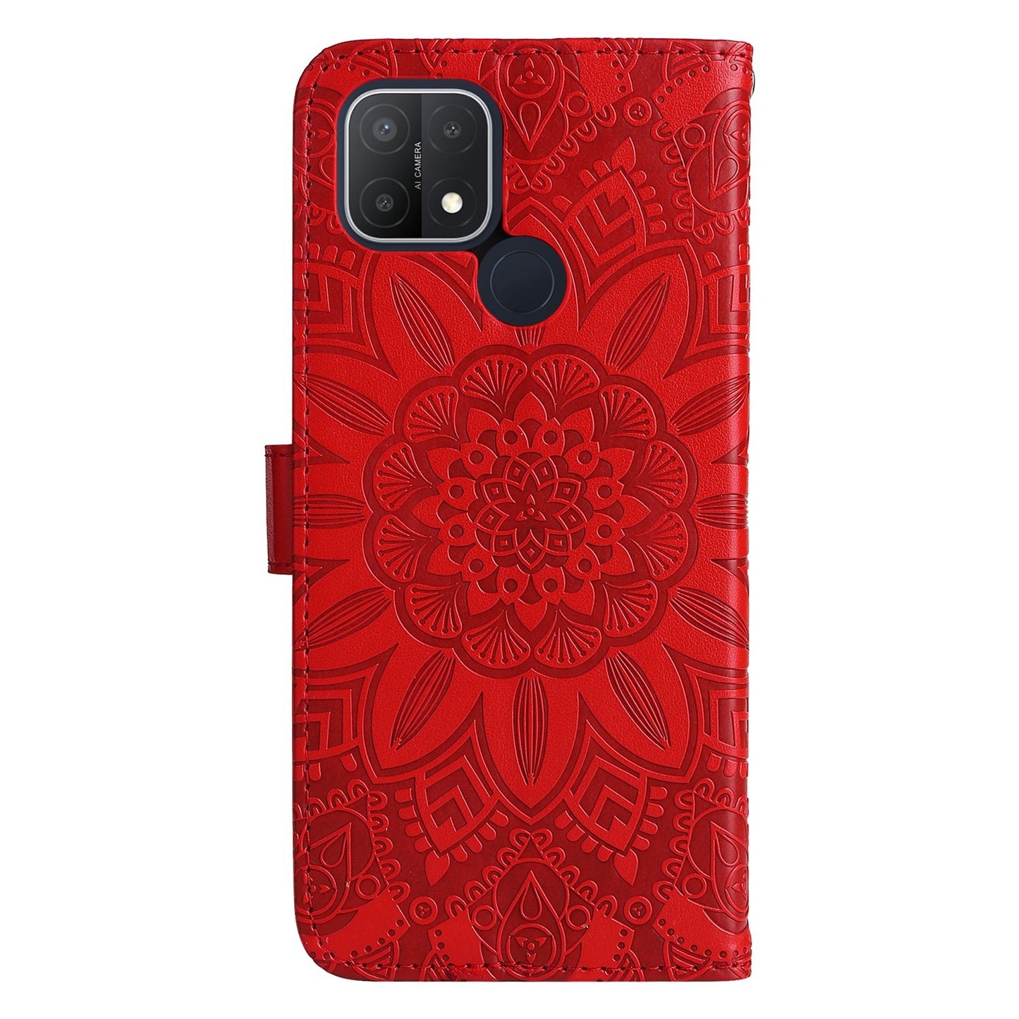 OPPO A15 Sunflower Embossed Leather Wallet Phone Case with Kickstand and Card Holder